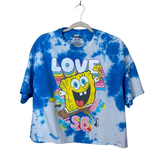 Nickelodeon Sponge Bob Blue & White Tie Dye Crop Crew Neck CottonT-Shirt XL - Picture 1 of 12